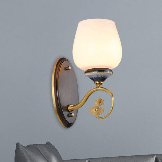 Vintage Flower Bud Sconce Light: Cream Glass Wall Mounted Lighting With Single Bulb In Black