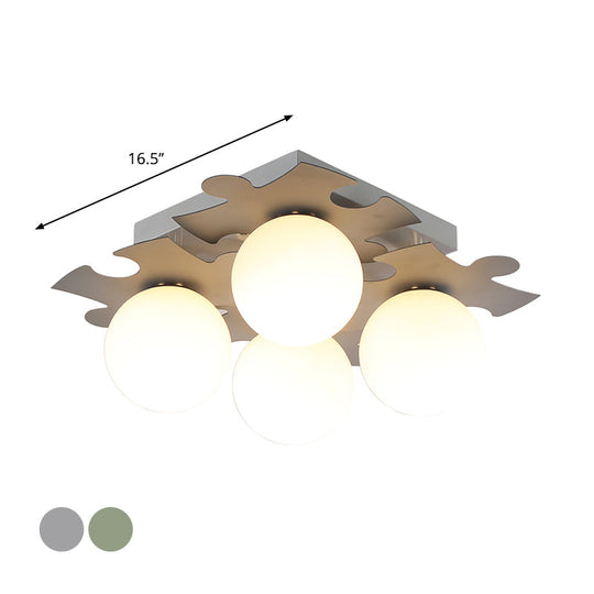 Modern White Glass Semi Flush Mount With Jigsaw Puzzle Decor - 4 - Bulb Light In Grey/Green