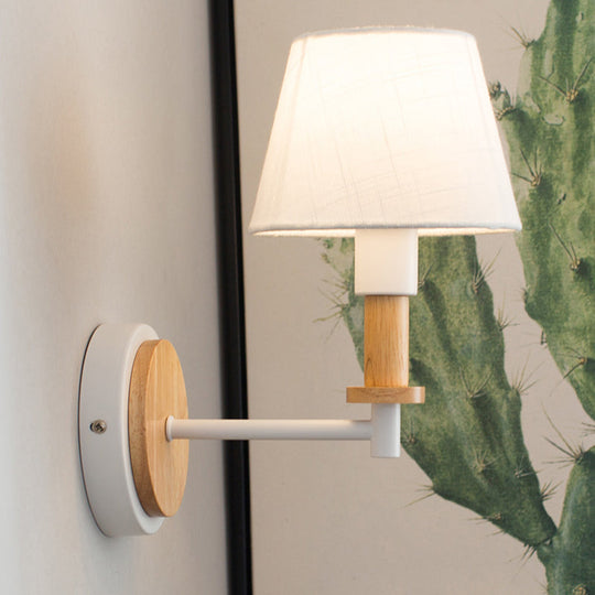Nordic Conical Fabric Wall Mount Light With Right Angled Arm - 1-Bulb Black/White Lamp White/Beige