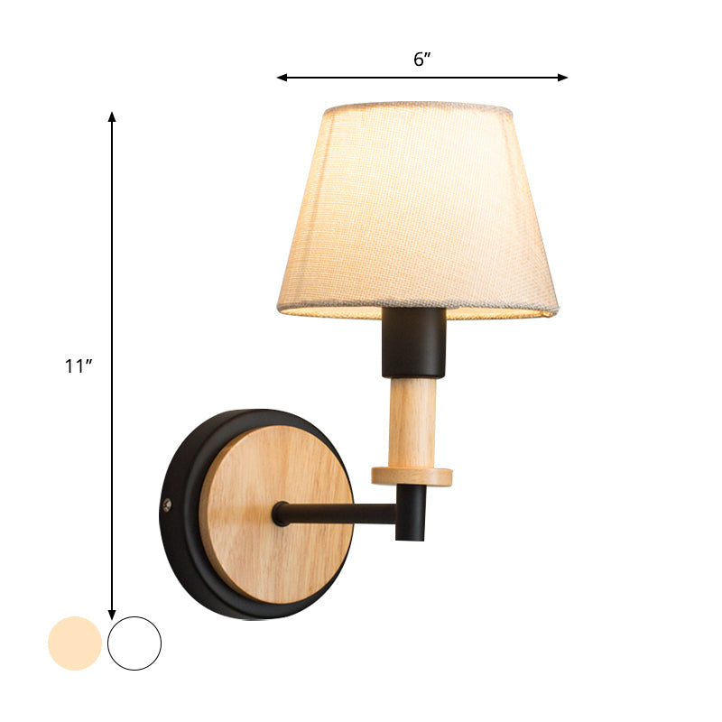 Nordic Conical Fabric Wall Mount Light With Right Angled Arm - 1-Bulb Black/White Lamp White/Beige