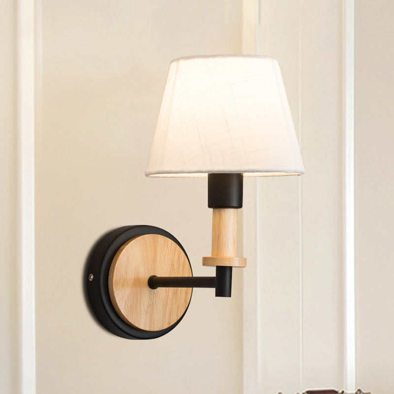 Nordic Conical Fabric Wall Mount Light With Right Angled Arm - 1-Bulb Black/White Lamp White/Beige