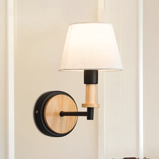 Nordic Conical Fabric Wall Mount Light With Right Angled Arm - 1-Bulb Black/White Lamp White/Beige