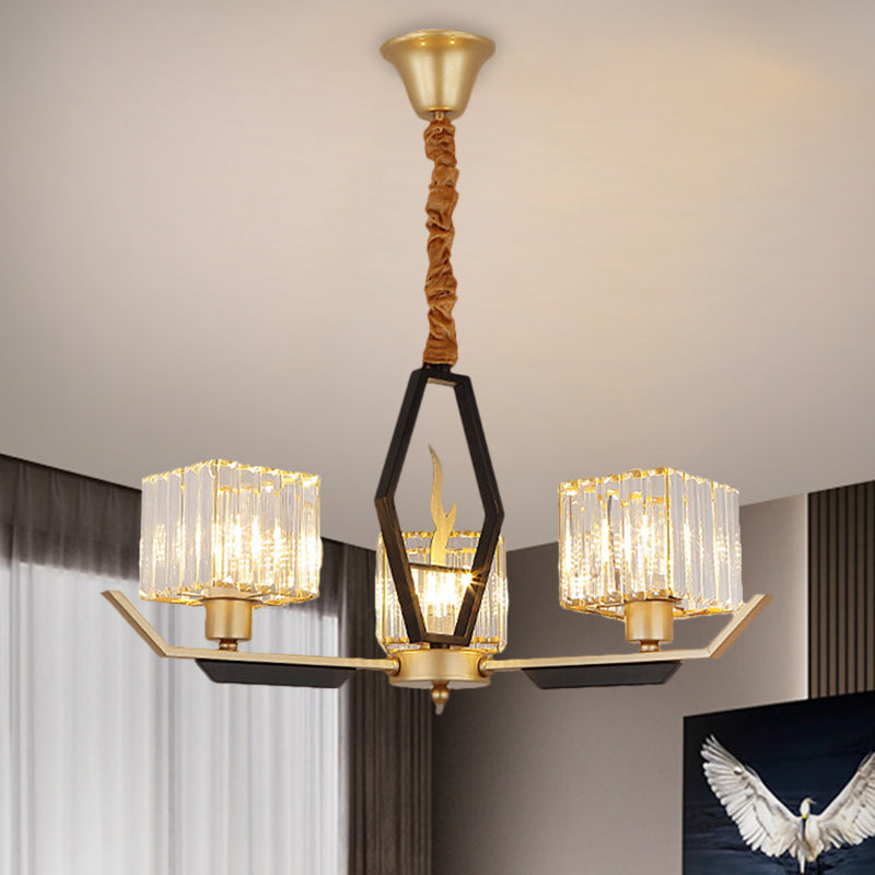 Simplicity Gold Chandelier Ceiling Light With Crystal Prisms Shade - 3/6/8 Heads
