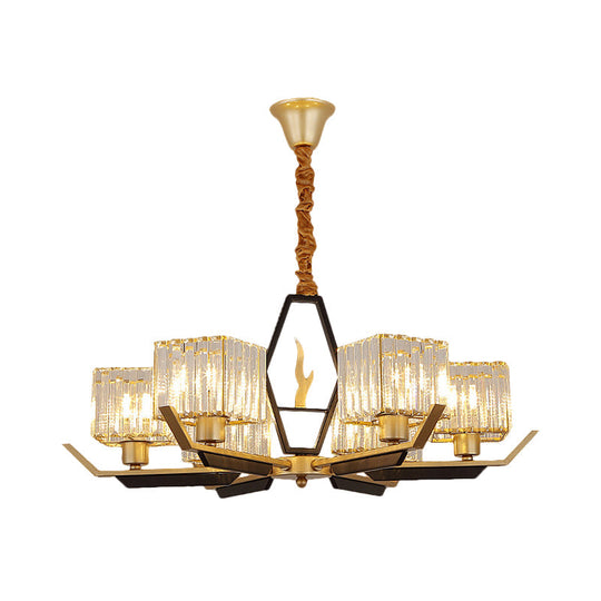 Simplicity Gold Chandelier Ceiling Light With Crystal Prisms Shade - 3/6/8 Heads