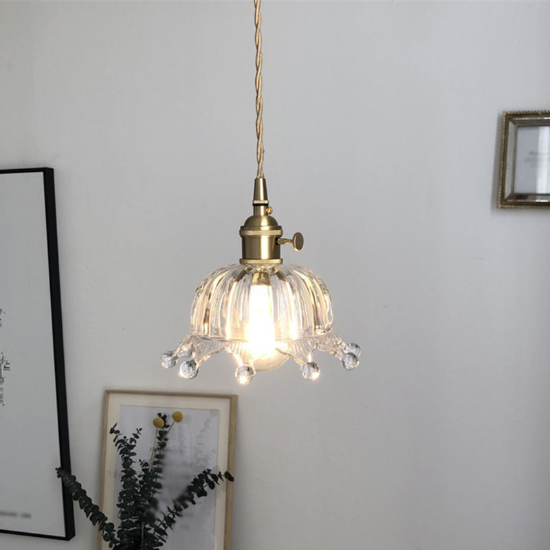 Modern Clear Glass Dome Pendant With Crown Design - 1 Light Brass Mini Hanging Lamp For Passage