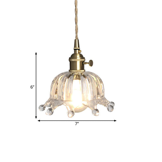 Modern Clear Glass Dome Pendant With Crown Design - 1 Light Brass Mini Hanging Lamp For Passage