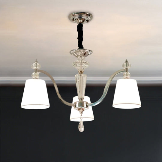 Modern Fabric Chandelier Light Fixture With Crystal Drop - Conic Design Chrome Suspension 3/6 Heads