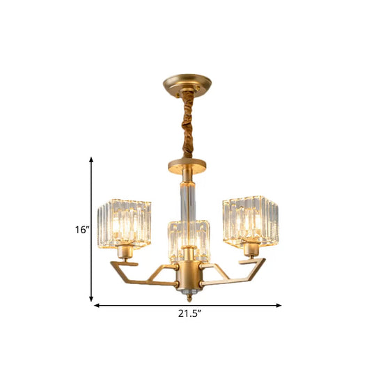 Minimalist Gold Chandelier With Clear Crystal Prisms - 3/6-Light Suspension Fixture