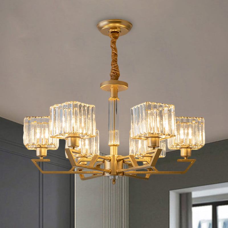Minimalist Gold Chandelier With Clear Crystal Prisms - 3/6-Light Suspension Fixture