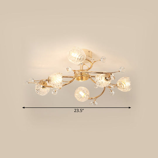 Minimalist Gold Ceiling Light Fixture With Bloom Clear Crystal Shade - 6 - Head Bedroom Semi Flush