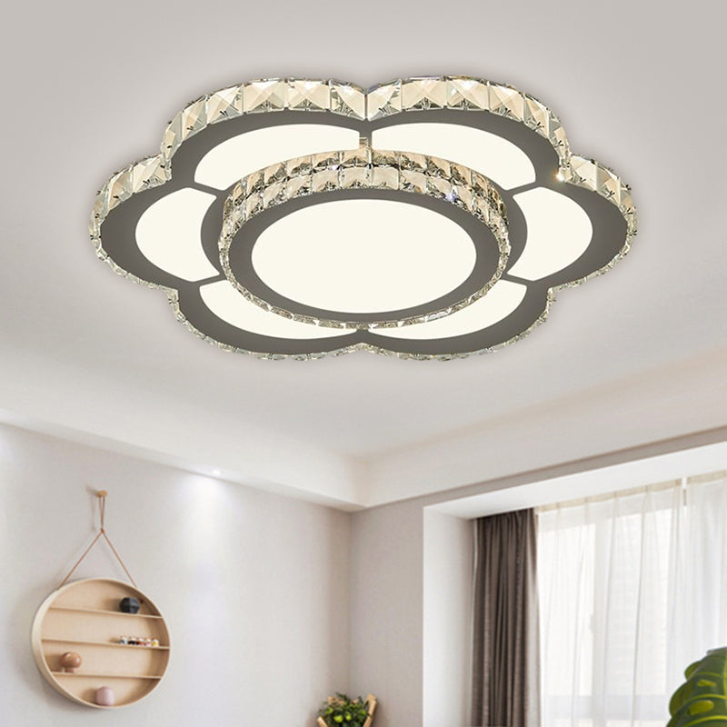 Chrome Led Flower Ceiling Light With Faceted Crystal And Warm/White Glow 18 Or 23.5 Wide / White