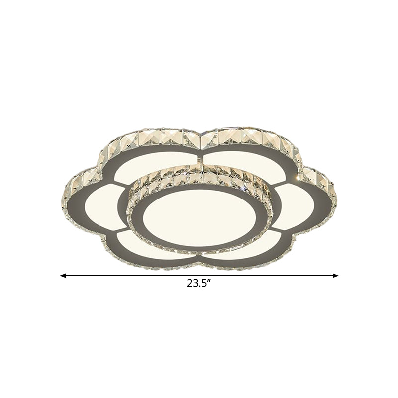 Chrome Led Flower Ceiling Light With Faceted Crystal And Warm/White Glow 18’ Or 23.5’ Wide