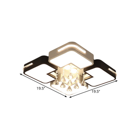 Modern Square Led Flushmount Light Fixture With Crystal Drop And Warm/White Lighting In Black White