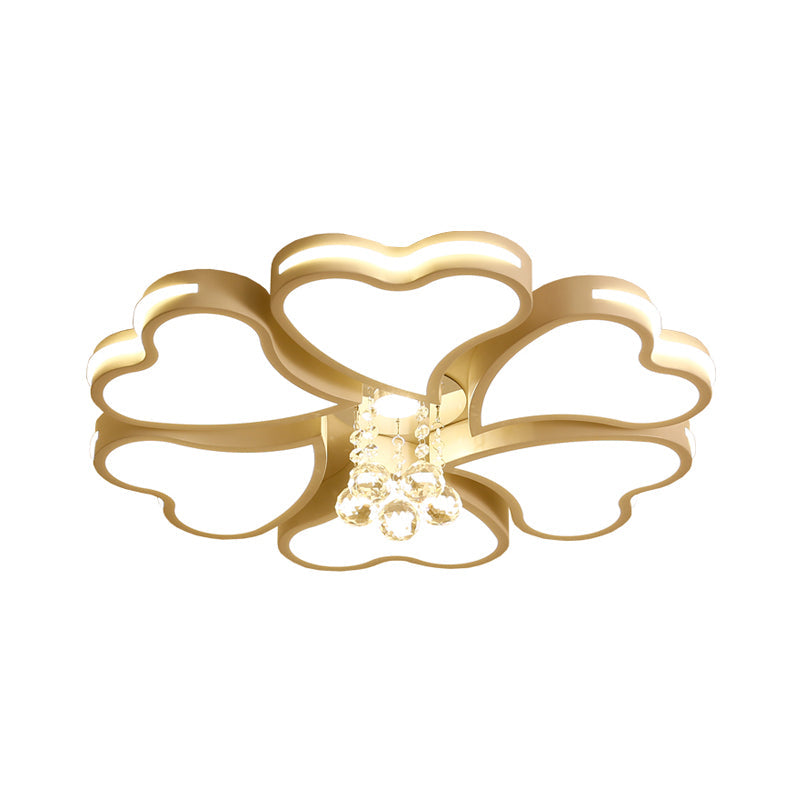 Modernist Heart Flush Light Metallic Ceiling Fixture With Crystal Accent - White 6/8 Bulbs