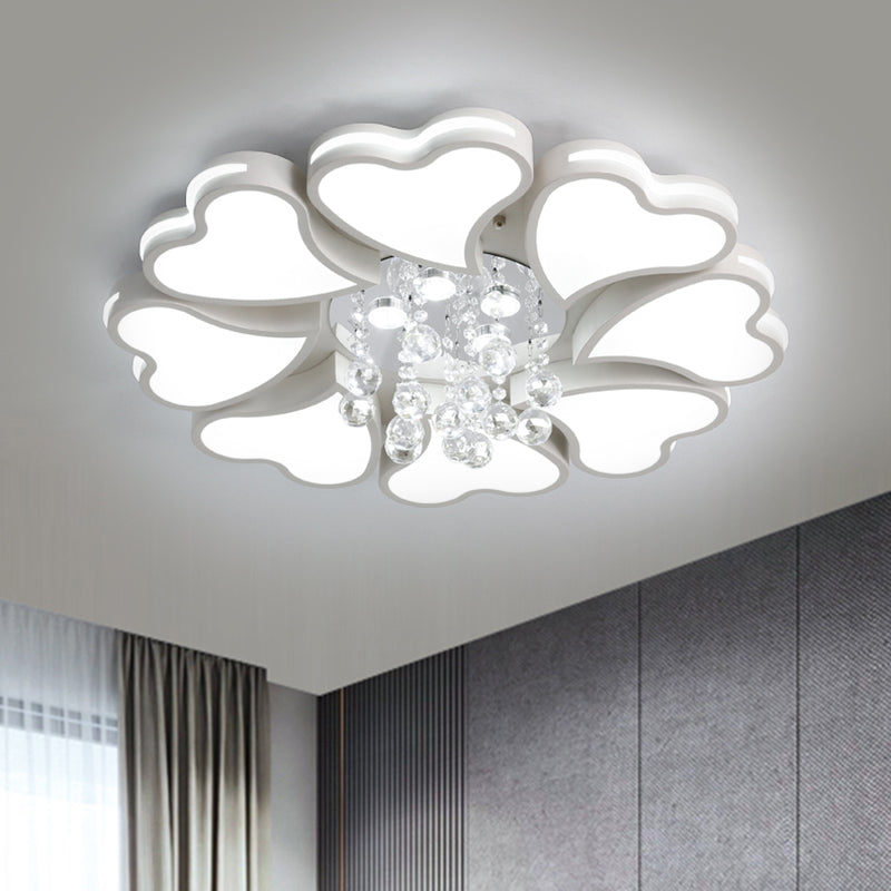 Modernist Heart Flush Light Metallic Ceiling Fixture With Crystal Accent - White 6/8 Bulbs