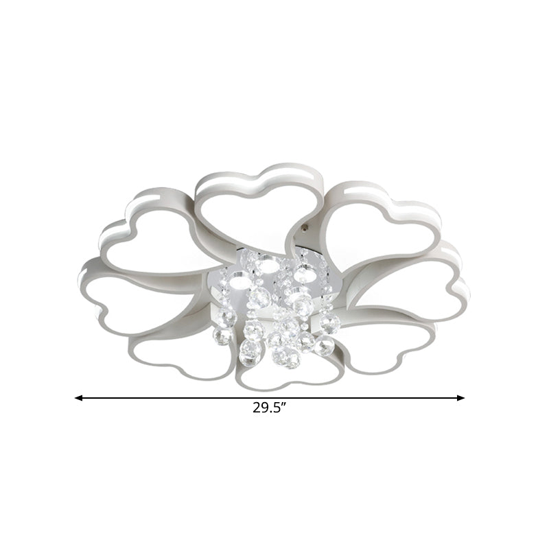 Modernist Heart Flush Light Metallic Ceiling Fixture With Crystal Accent - White 6/8 Bulbs