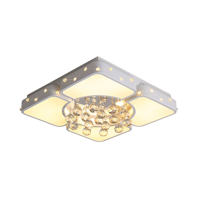 Modernist Metal Led Bedroom Flush Mount Light In White With Crystal Droplet | Square Close - To -