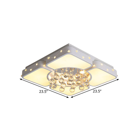 Modernist Metal Led Bedroom Flush Mount Light In White With Crystal Droplet | Square Close - To -