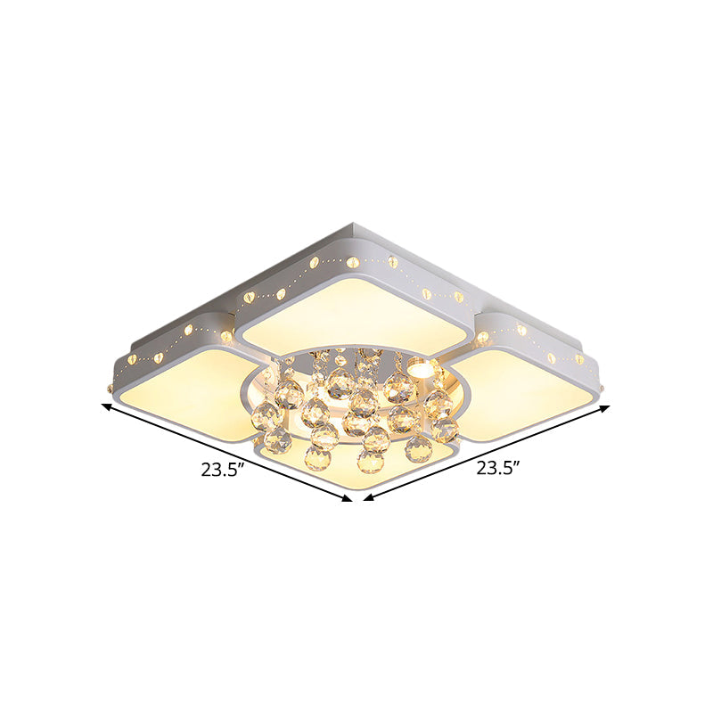 Modernist Metal Led Bedroom Flush Mount Light In White With Crystal Droplet | Square