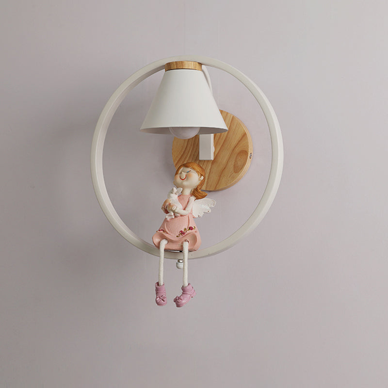 Adorable Deer/Angel Girl Wall Light: Cartoon Metal 1-Light Pink/Blue Lighting With Fabric Shade