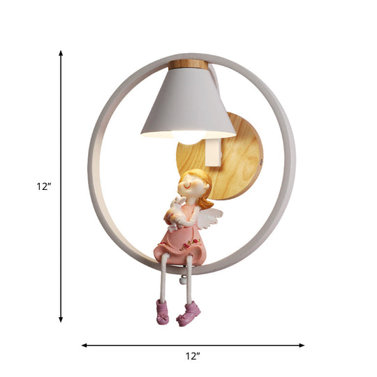Adorable Deer/Angel Girl Wall Light: Cartoon Metal 1-Light Pink/Blue Lighting With Fabric Shade