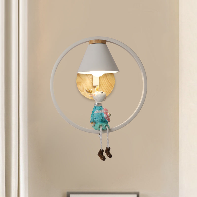 Adorable Deer/Angel Girl Wall Light: Cartoon Metal 1-Light Pink/Blue Lighting With Fabric Shade