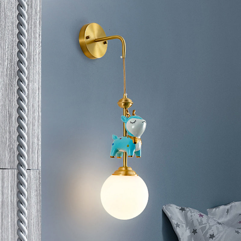 Cartoon Opal Glass Wall Light Fixture: Gold Lamp With Blue Deer Decor