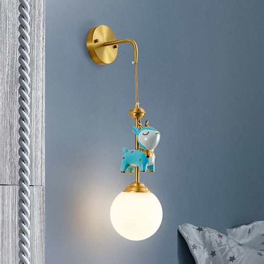 Cartoon Opal Glass Wall Light Fixture: Gold Lamp With Blue Deer Decor
