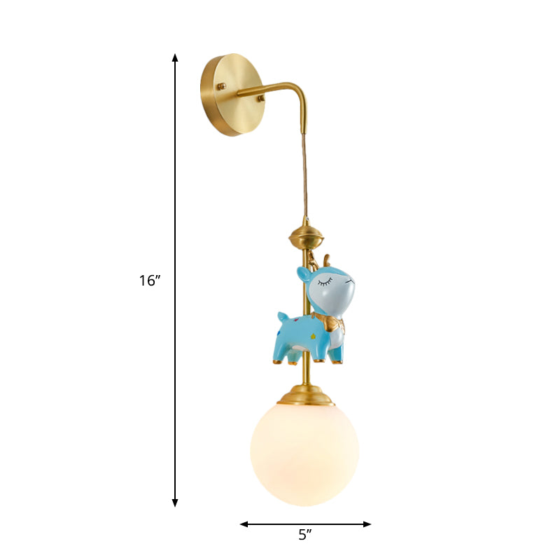 Cartoon Opal Glass Wall Light Fixture: Gold Lamp With Blue Deer Decor