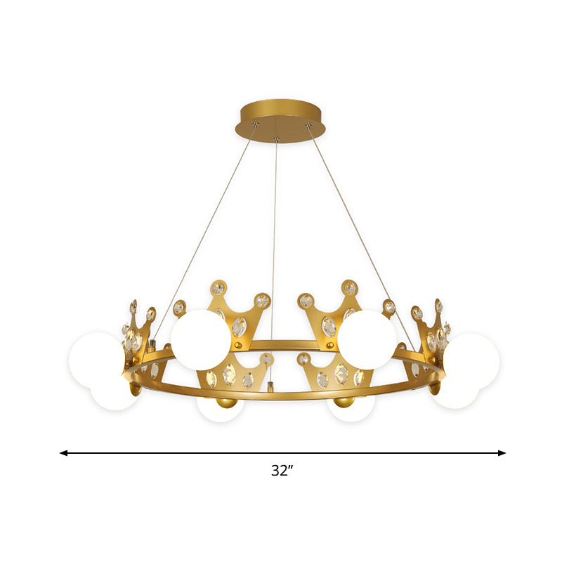 Gold Metal Crown Chandelier Lamp For Kids - 5/8 Lights Hanging Pendant With Frosted Glass Ball Shade