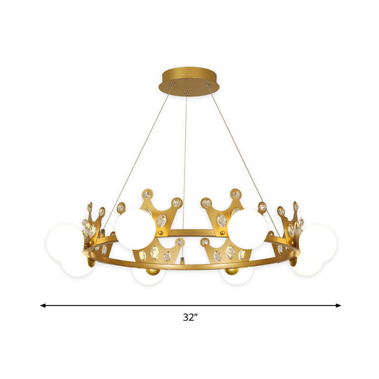 Gold Metal Crown Chandelier Lamp For Kids - 5/8 Lights Hanging Pendant With Frosted Glass Ball Shade