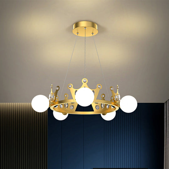 Gold Metal Crown Chandelier Lamp For Kids - 5/8 Lights Hanging Pendant With Frosted Glass Ball Shade