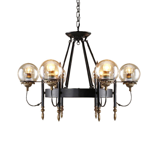 Industrial 6-Light Clear Glass Globe Chandelier With Clock Detail - Modern Pendant Light For Living