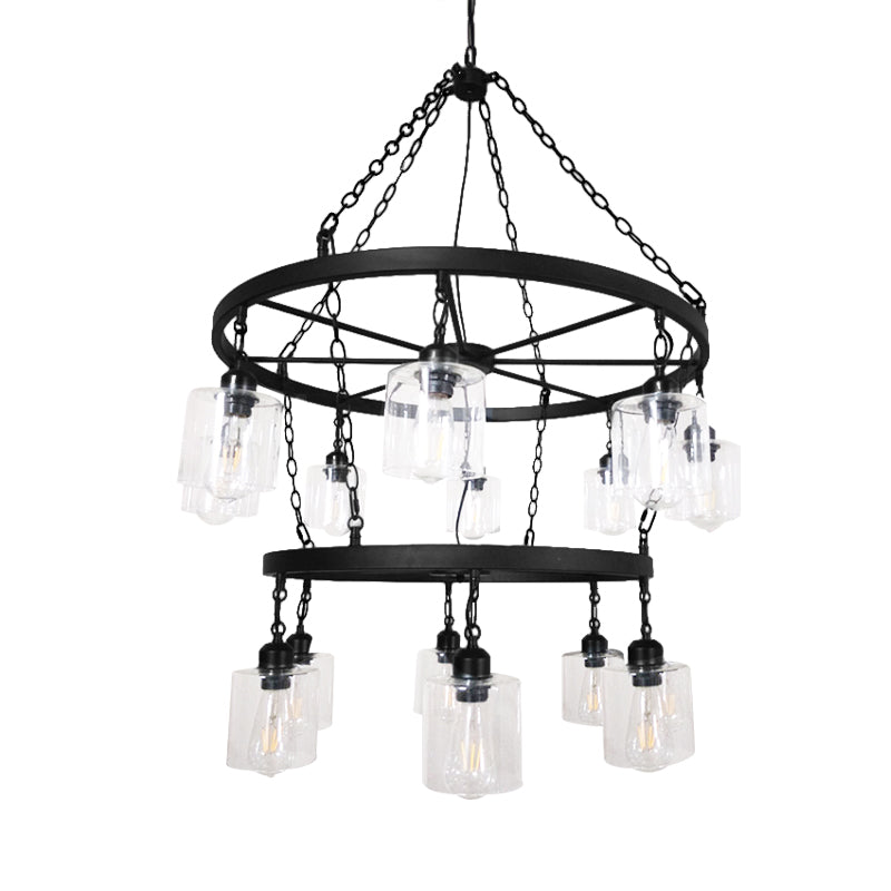 Industrial Pendant Chandelier: 2-Tier Wheel Multi-Light Lamp With Clear Glass Black Finish And