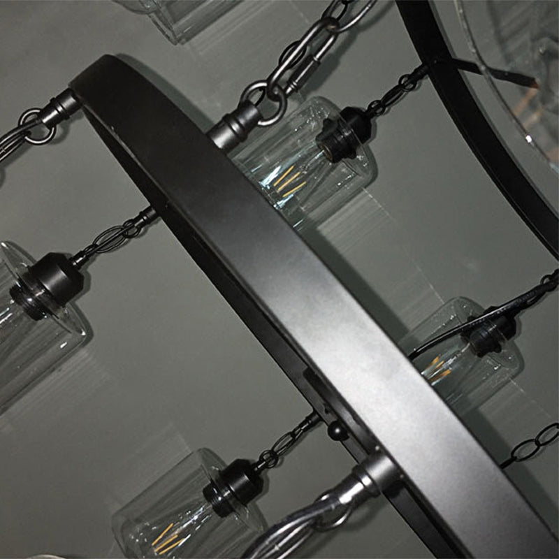 Industrial Pendant Chandelier: 2-Tier Wheel Multi-Light Lamp With Clear Glass Black Finish And