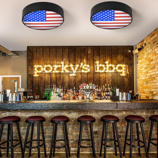 Rustic Metal Led Drum Flush Mount Light With Flag Pattern - Industrial Style Black