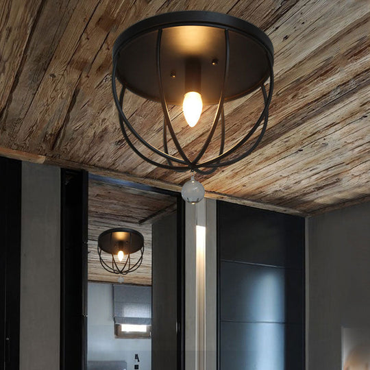 Retro Black Metallic Flush Mount Ceiling Light With Wire Cage And Clear Crystal Ball - 1/4/5 Heads