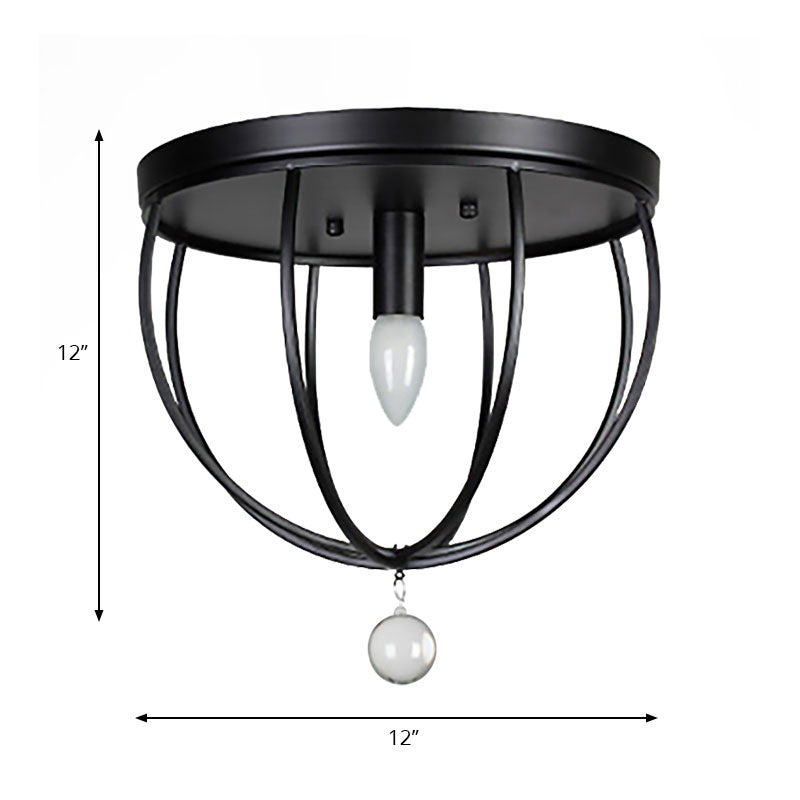 Retro Black Metallic Flush Mount Ceiling Light With Wire Cage And Clear Crystal Ball - 1/4/5 Heads