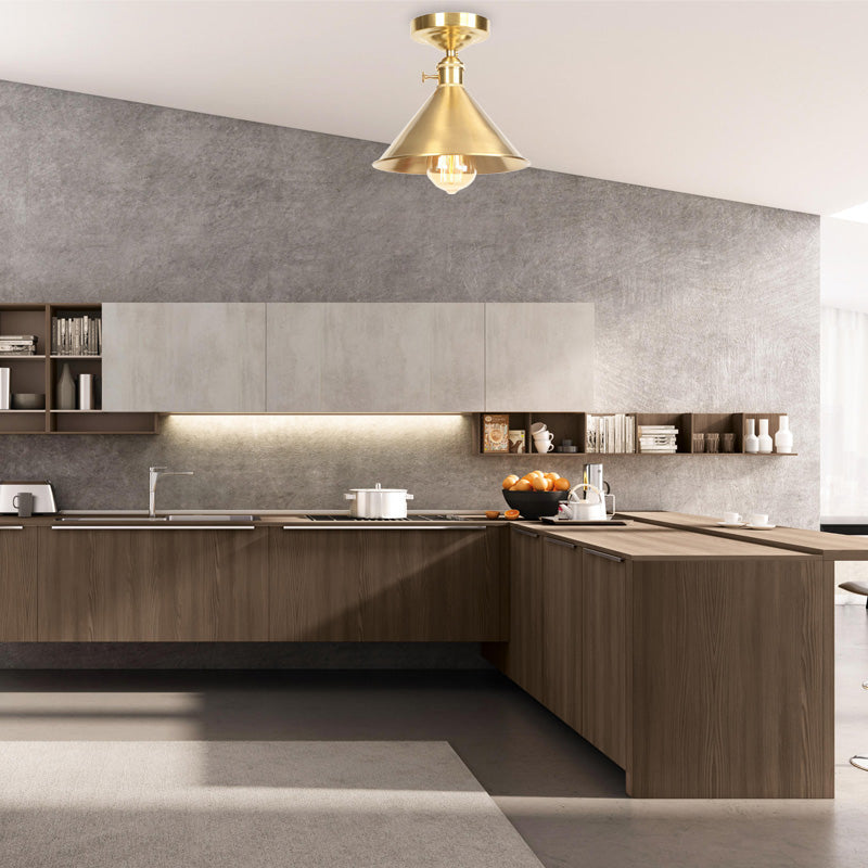 Vintage Industrial Brushed Brass Semi Flush Light - 1 Ceiling Mounted Balcony Fixture 8’/9.5’