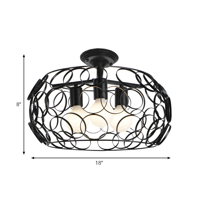 Black Drum Design Semi Flush Light - Vintage Retro Metallic 3-Head Foyer Mount 16’/16.5’ W