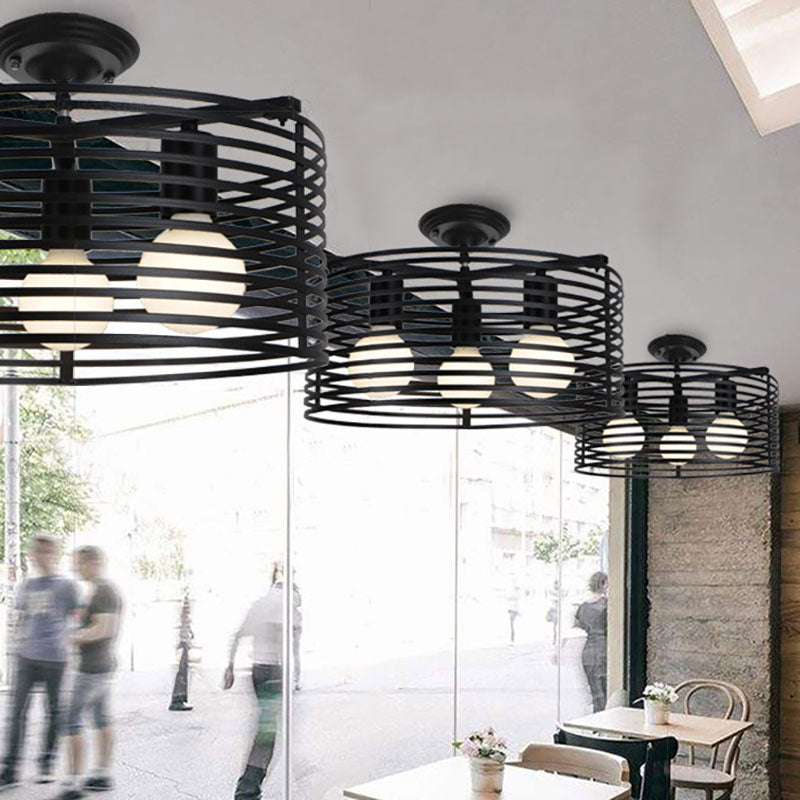 Black Drum Design Semi Flush Light - Vintage Retro Metallic 3-Head Foyer Mount 16’/16.5’ W / 16’