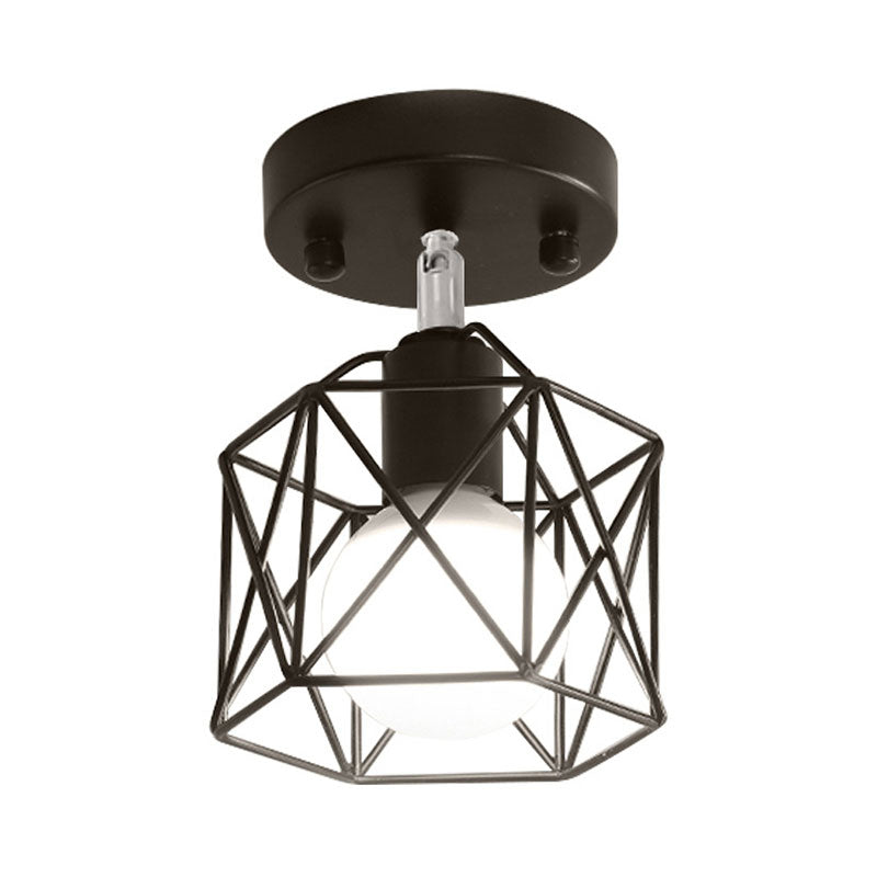 Industrial Loft Black Iron Hexagon Semi Flush Ceiling Light With Wire Guard For Kitchen