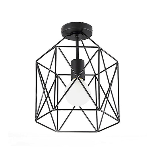 Geometric Cage Semi - Flush Ceiling Fixture - Industrial Black Metallic Finish Balcony Lighting