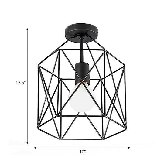 Geometric Cage Semi - Flush Ceiling Fixture - Industrial Black Metallic Finish Balcony Lighting
