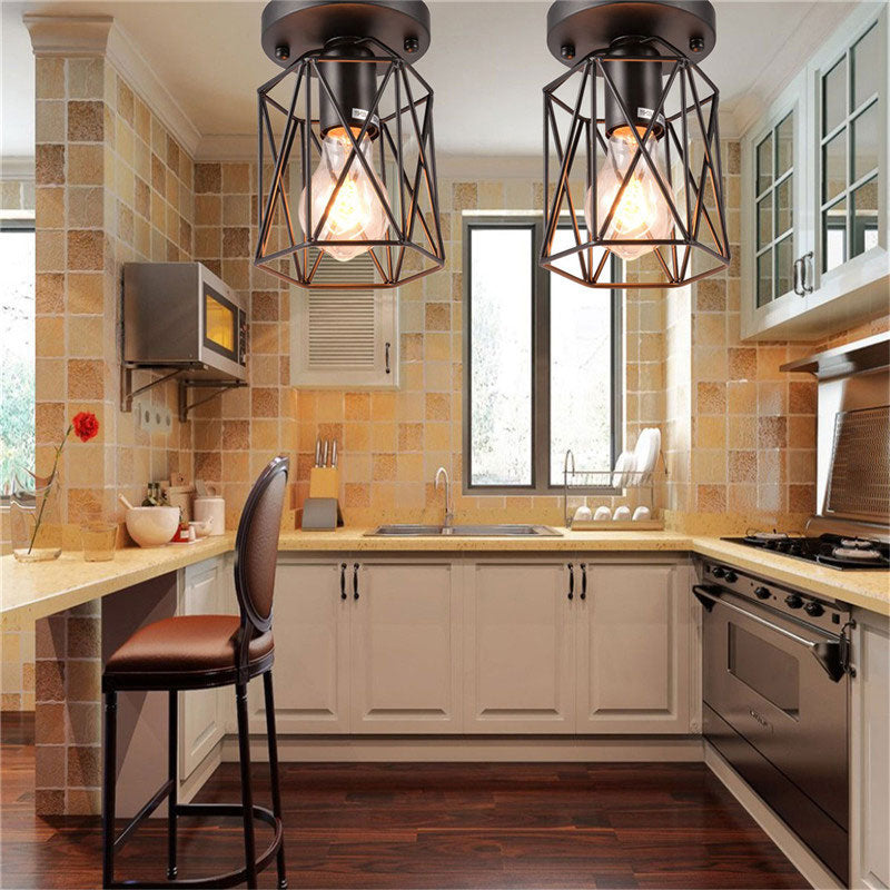 Vintage Style Black Wire Cage Semi Flush Light Ceiling Mounted Fixture For Kitchen