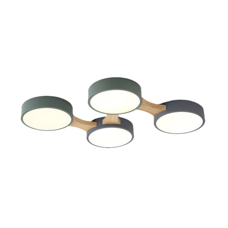Nordic Wood And Metal Flush Ceiling Light - Round Grey Shade 3/4/5 Lights Ideal For Bedroom