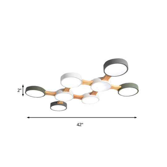 Nordic Wood And Metal Flush Ceiling Light - Round Grey Shade 3/4/5 Lights Ideal For Bedroom