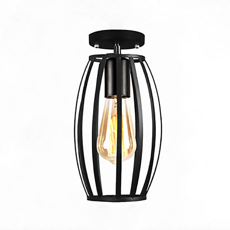 Rustic Farmhouse Semi Flush Mount Light: Barn/Oval Restaurant With Cage Shade & 1 Light Black