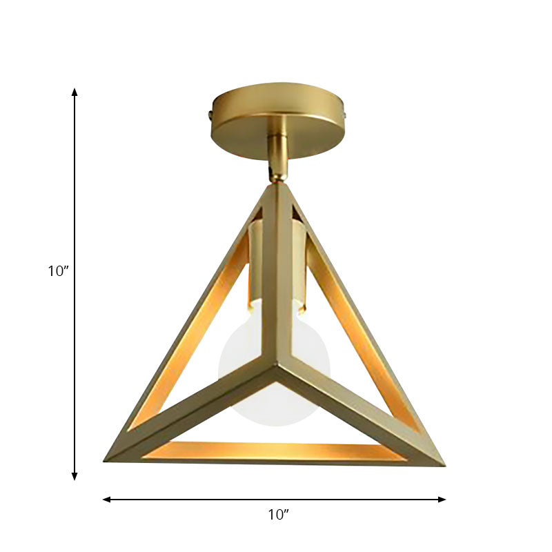 Triangle Brass Semi - Flush Bedroom Ceiling Lamp With Industrial Wire Frame