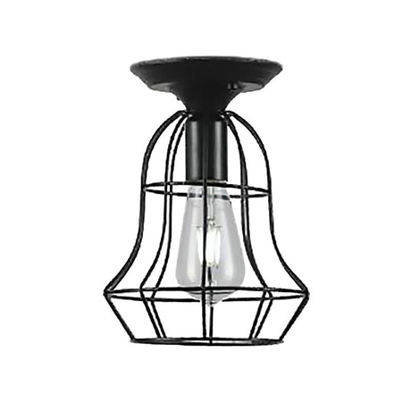 Industrial Stylish Black Iron Ceiling Lamp - Oval/Bell Cage Design 1 Head Semi Flush Pendant Light